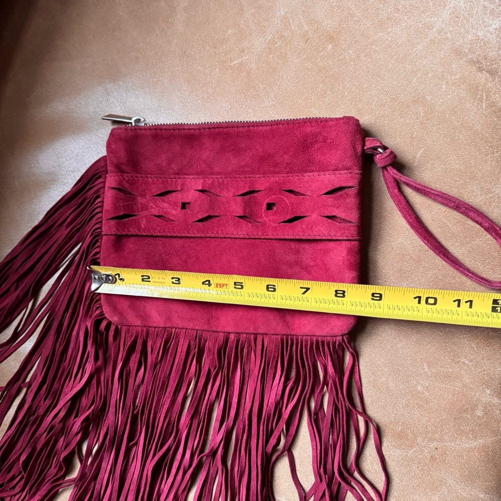 Pinko Fringe Suede Wristlet Clutch Red cutout tassel texture designer Italy - Picture 7 of 11